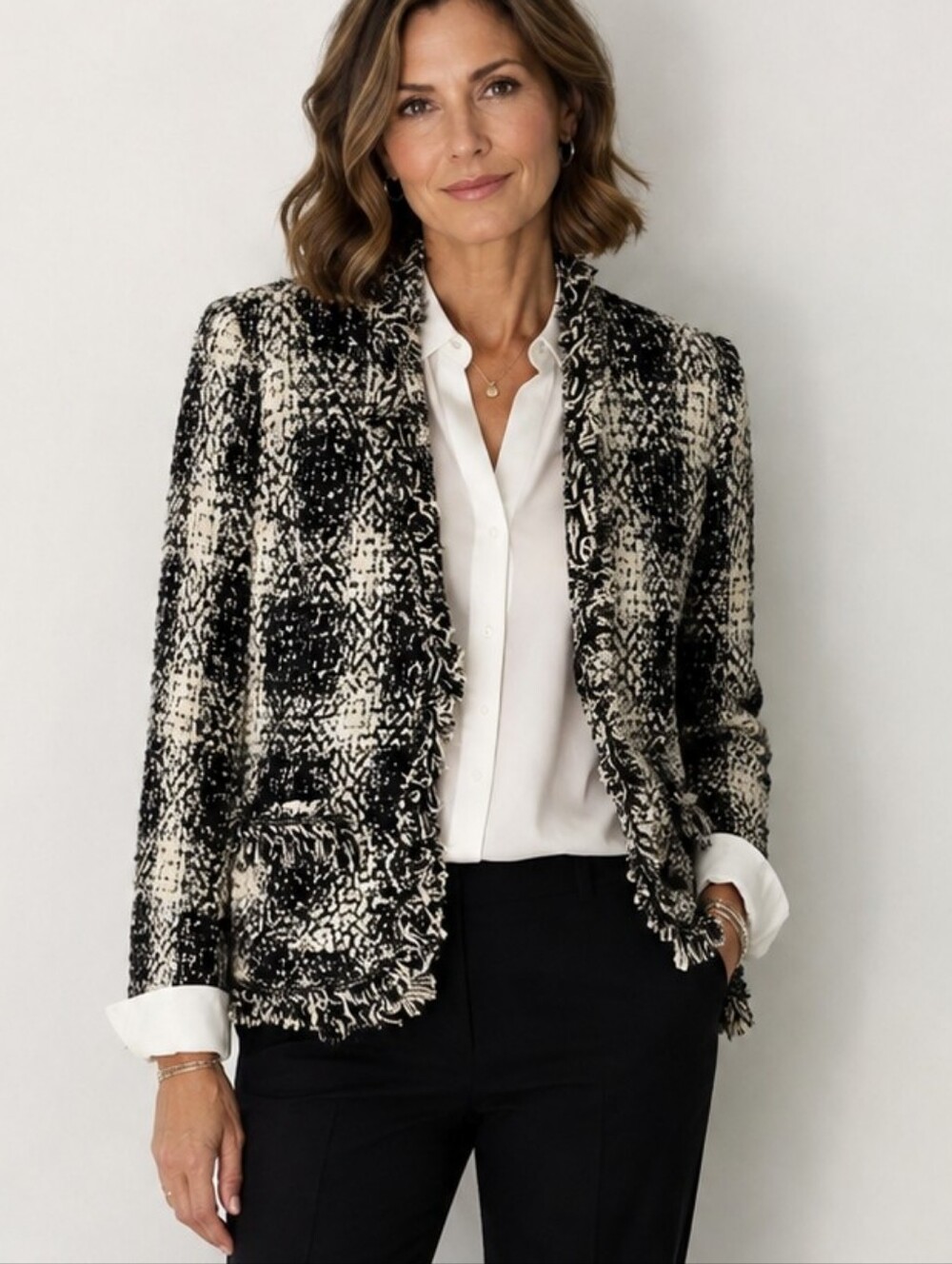Cabi Tweed Plaid fringe Estate blazer jacket Carol Anderson 909